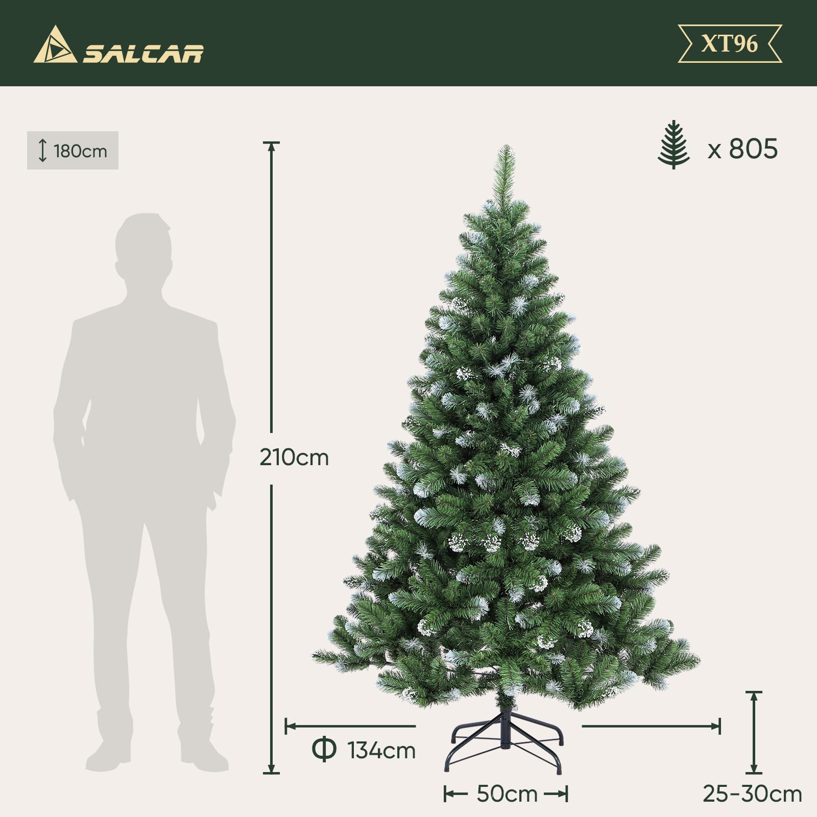 SALCAR Sapin de Noël Artificiel 210 cm, Robuste avec Tronc en Métal, Branches en PVC Décorées de Neige, Résistant et Durable