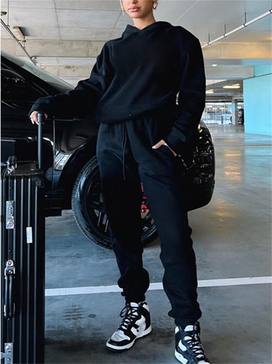 PAODIKUAI Women 2 Piece Outfits Hoodie Sweatsuits Set Sweatpants Long Sleeve Sweatshirt Matching Joggers Tracksuit Sets(black,L) - Image 5