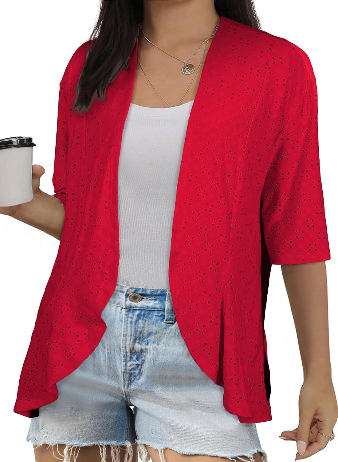 Eytino Plus Size Cardigan for Women Half Sleeve Netted Knit Ruffle Kimono Cover up Tops 2026 Spring Clothes(1X-5X)