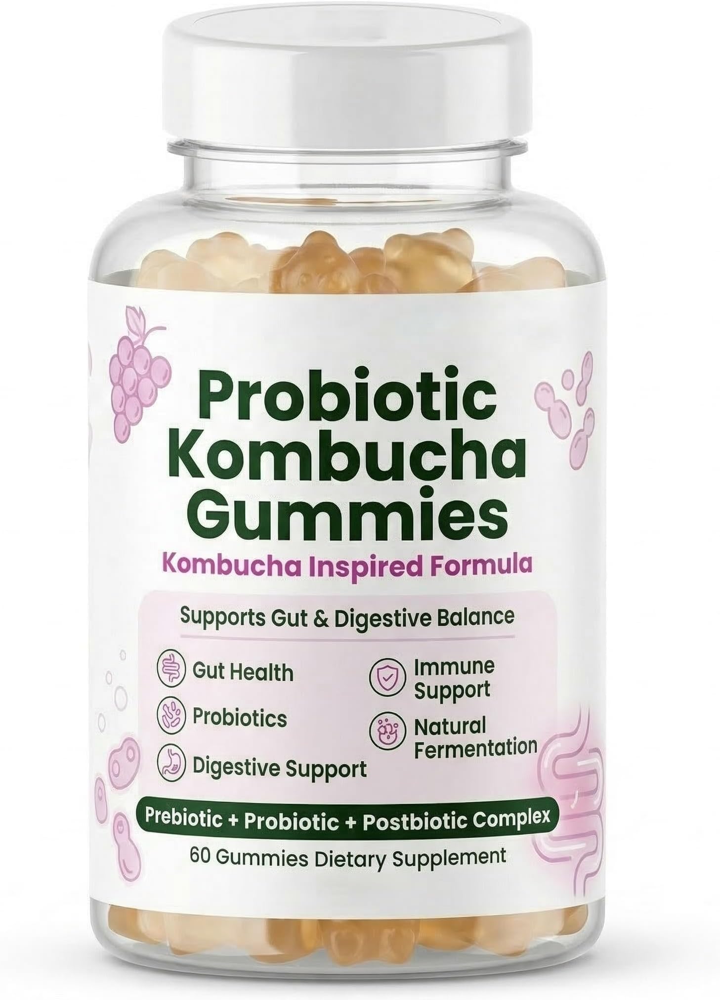 Probiotic Kombucha Gummies – Prebiotic, Probiotic & Postbiotic Complex, Kombucha Inspired Digestive Support Gummies, Gut Health Supplement, Natural Flavor, 60 Gummies