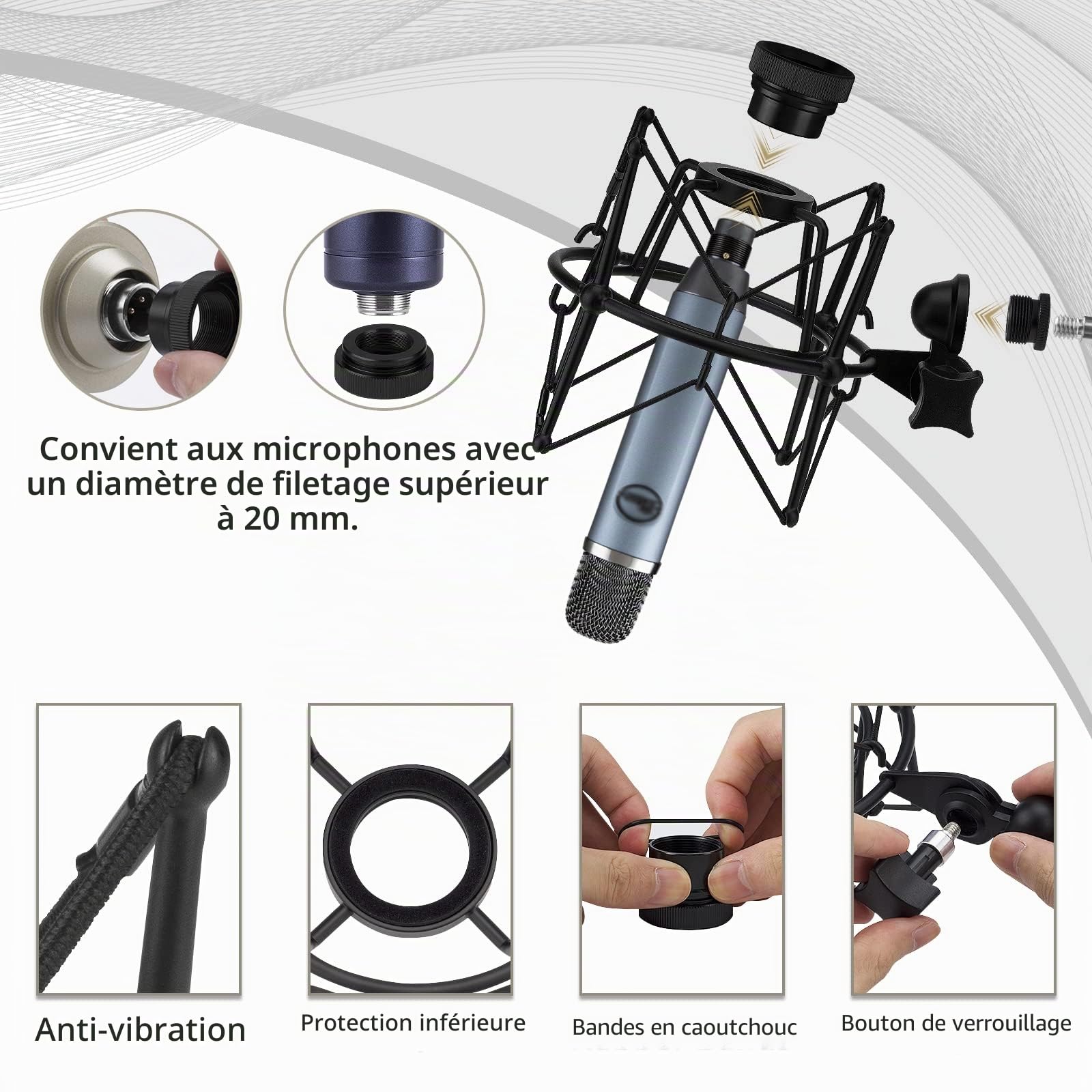 Geekria Support Antichoc pour Microphone Compatible avec Blue Ember, Bluebird SL, Babybottle, Spark, Kiwi Mic - Adaptateur de Suspension Anti-Vibration Noir