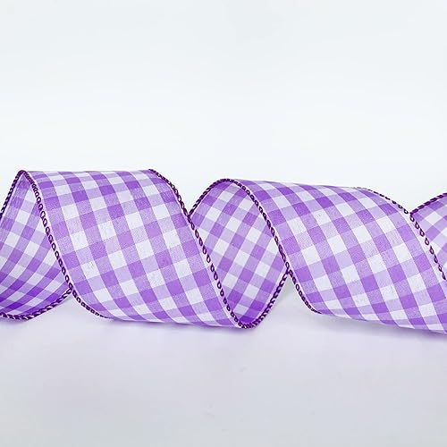 Miniatura 5 de Leecogo Cinta con alambre a cuadros de búfalo morado y blanco, 2 12 x 10 yardas, cinta de guingán de granja para Pascua, Navidad, corona, primavera,