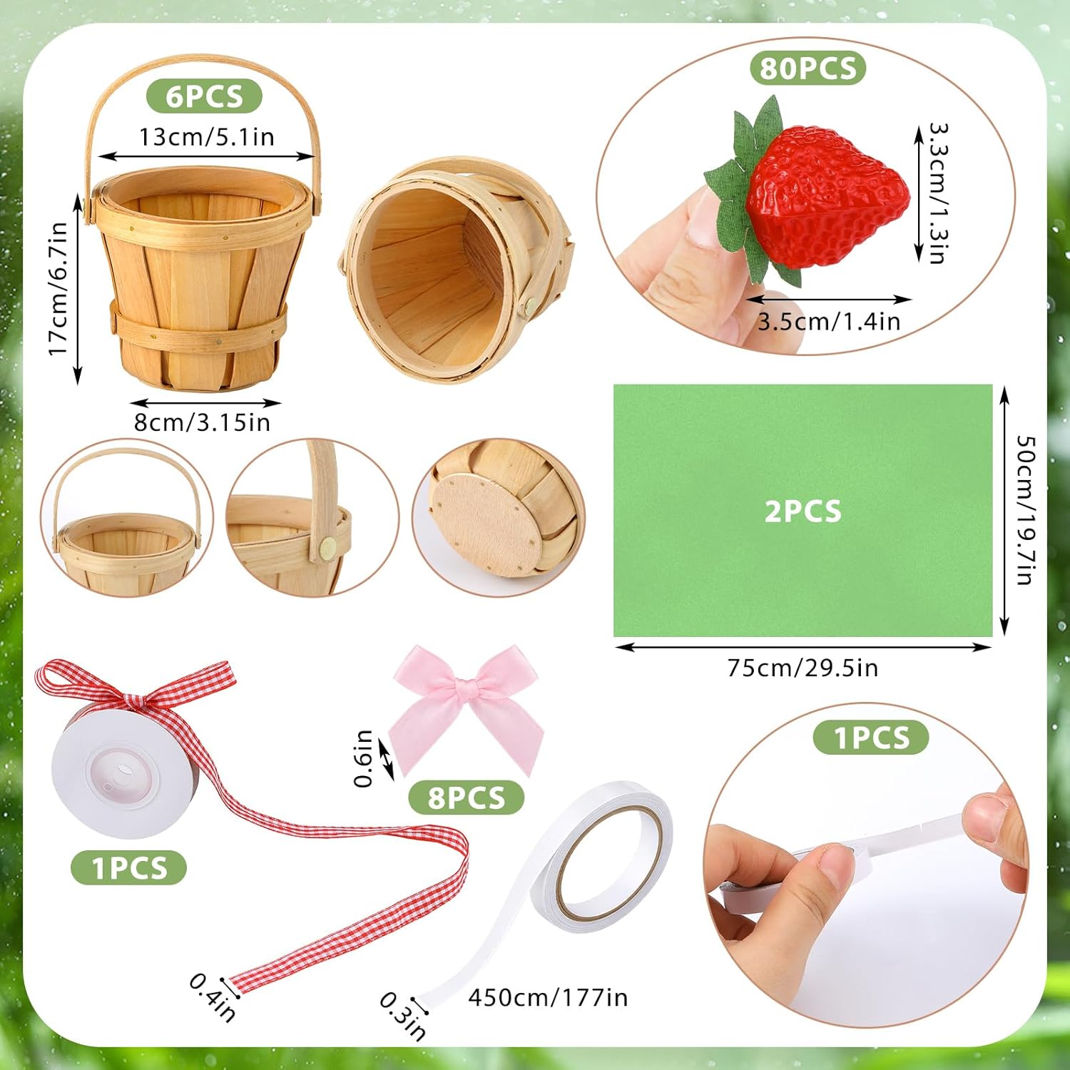 LemonRoad 6 Set Mini Strawberry Wooden Basket Decor 5.1 x 6.7 Inch Round Picnic Wooden Basket for Wedding Holiday Farmhouse Table Centerpiece and Home Decoration