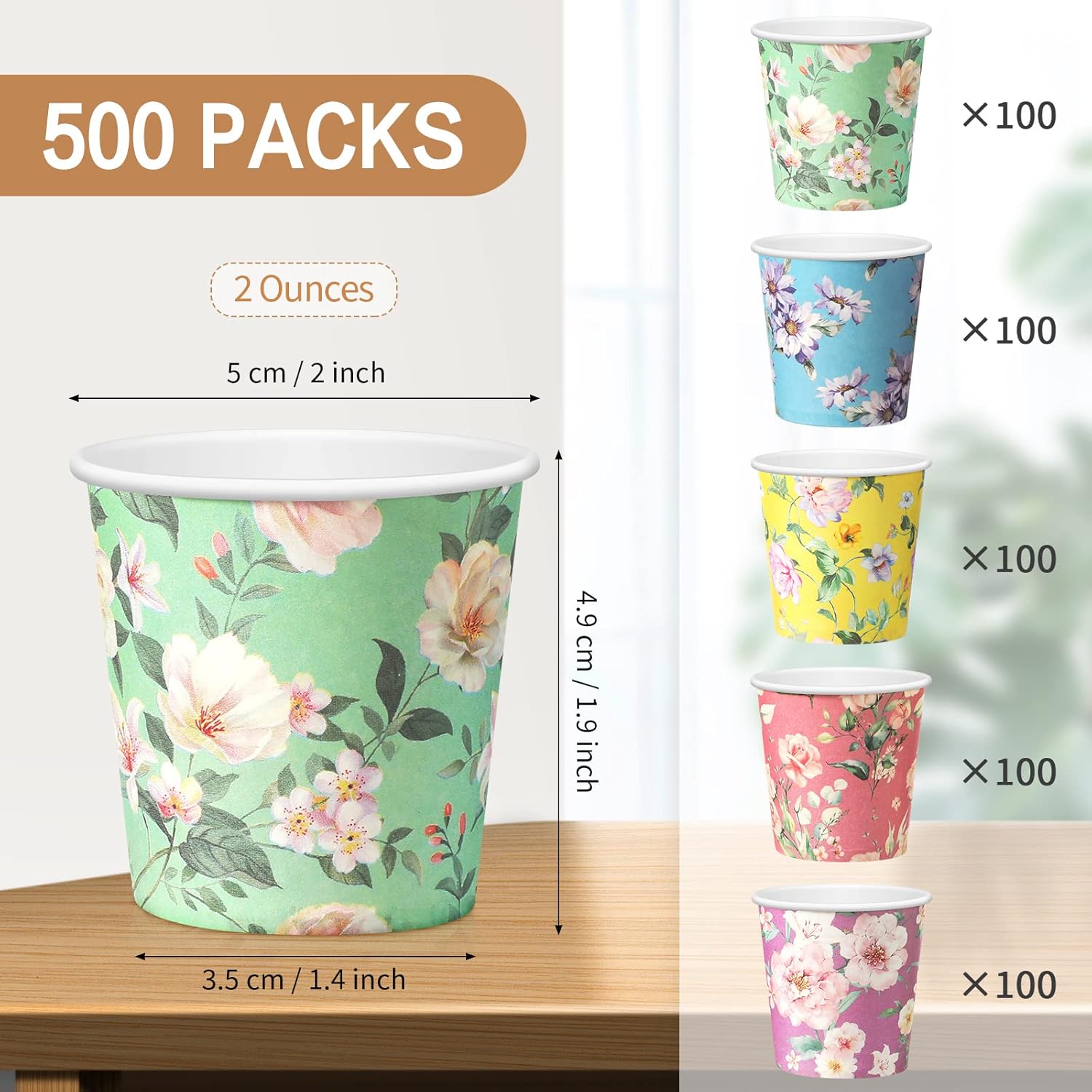 Tiamon 500 Pack 2 oz Paper Cups, Mini Mouthwash Disposable Bathroom Small Paper Drinking Espresso Cups for Home Office Travel Picnic Party Supplies(Floral) - Image 2