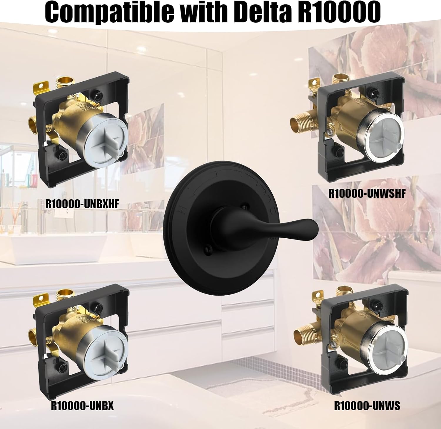 Compatibility Replacement Shower Handle for Delta R10000 Valve, Chrome Trim Lever Compatible with 13/14 Series, Cartridge and Valve Not Included (Matte Black)