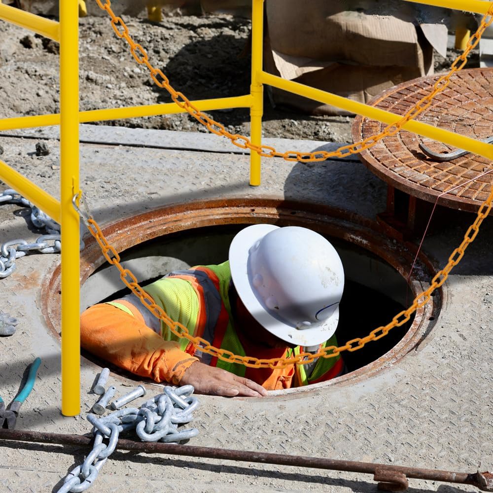 Yeeoy Steel Manhole Guard Rail, Collapsible Durable Safety Guardrail with Chains for Utility Maintenance Yellow
