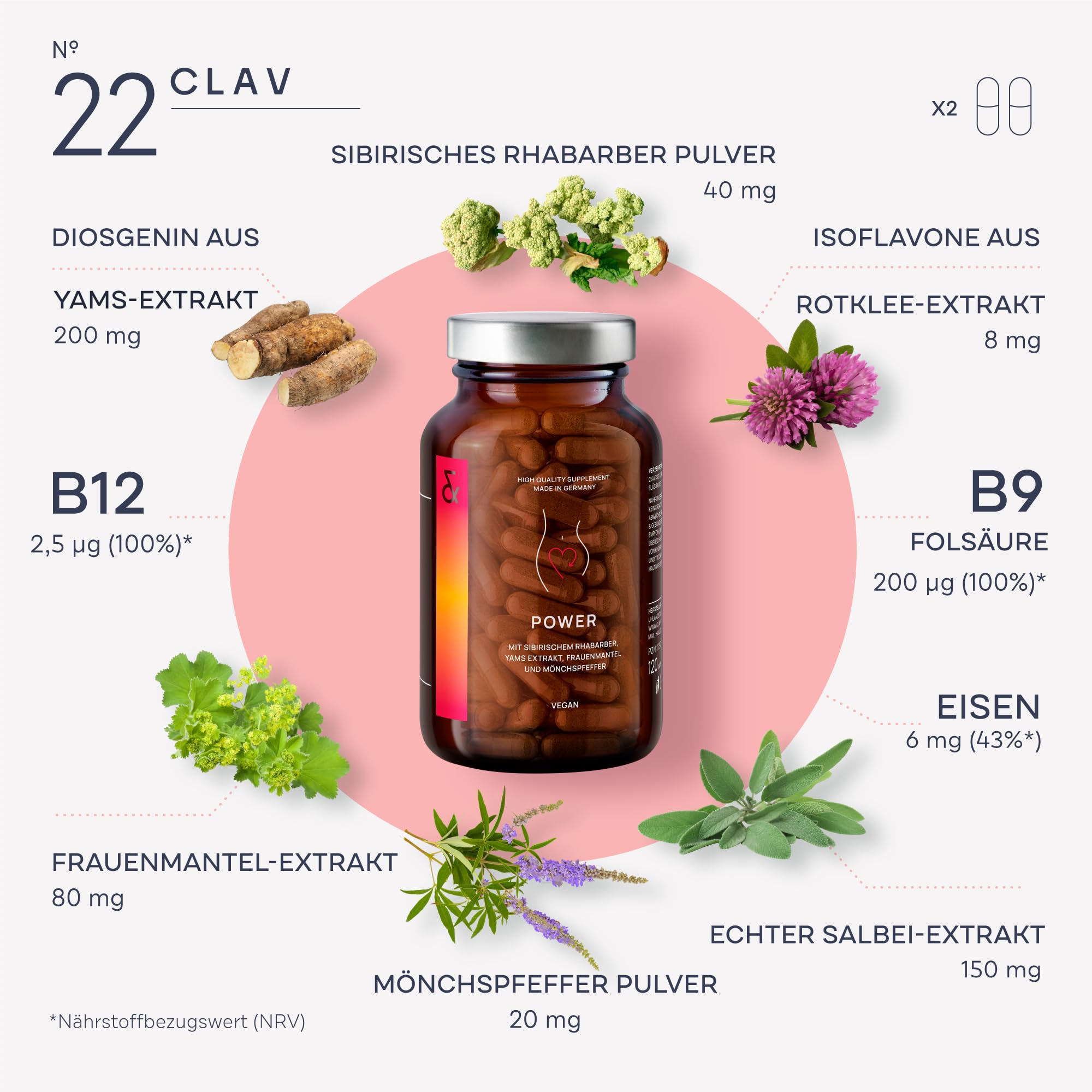 CLAV® Power – Frauen Hormonbalance – 120 vegane Kapseln – mit Mönchspfeffer, Yamswurzel, Frauenmantel & Rotklee – Salbei & Rhabarber Extrakt – Für Frauen – Made in Germany
