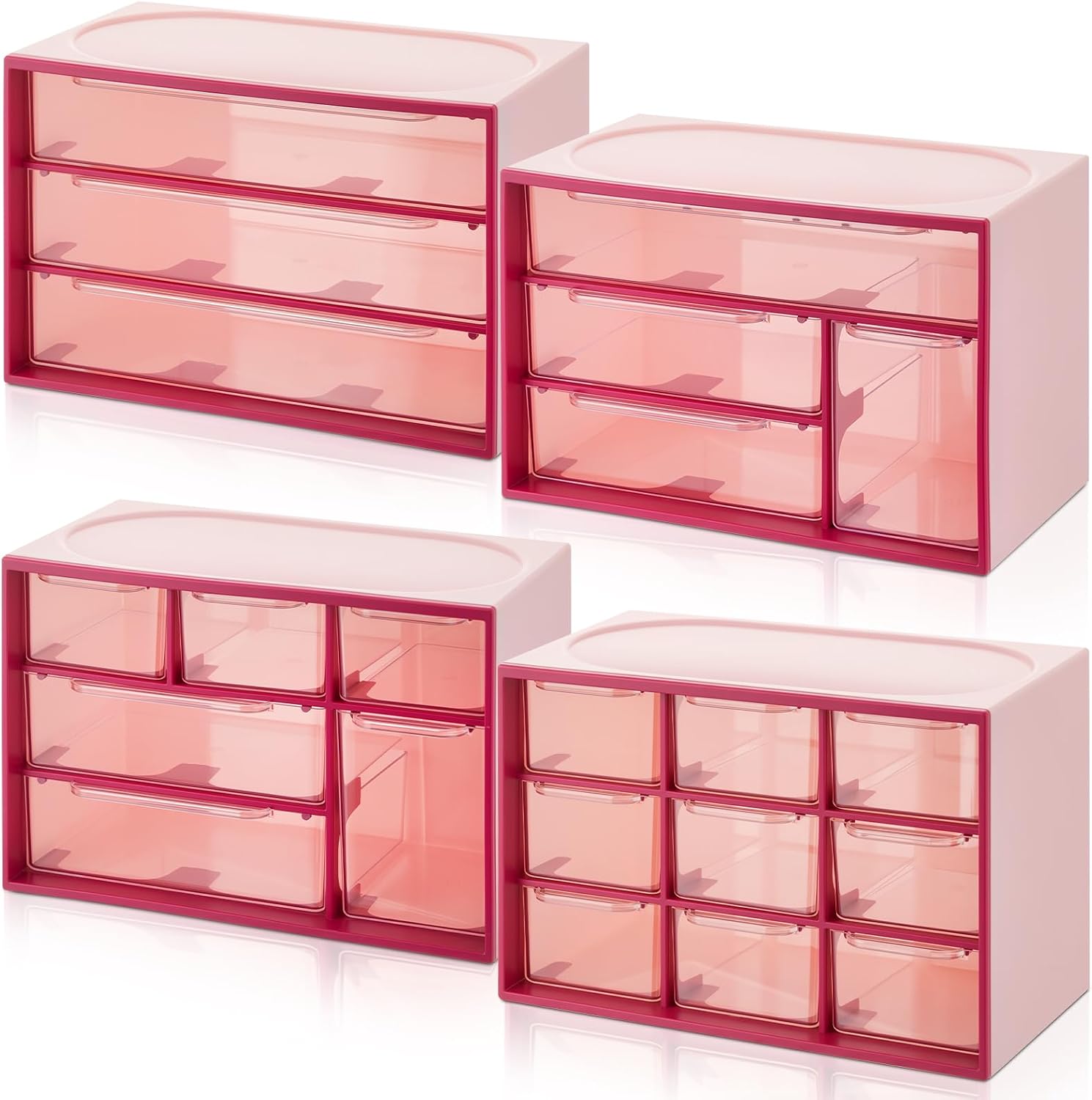 Briwooody 4 Pcs Mini Desktop Drawer Storage Plastic Desktop Craft Storage Box 3 4 6 9 Compartment Office Organizer Boxes for School Teacher Home Jewelry Stationery Makeup(Pink)