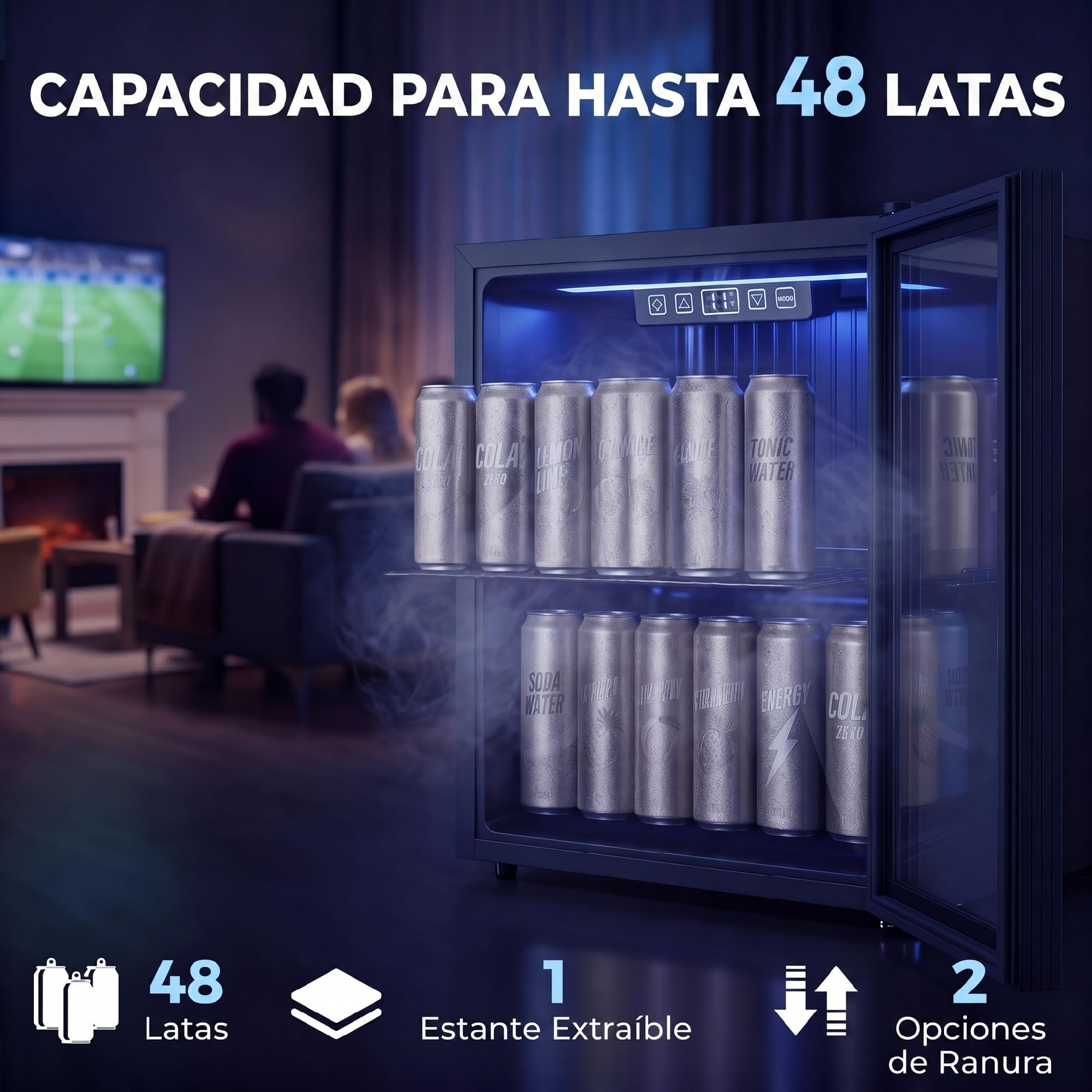 HOMCOM Frigorífico de Bebidas 50 L, Mini Nevera con Puerta de Vidrio Doble, Iluminación LED, Estante Ajustable, 2-18℃, para 48 Latas, Nevera Pequeña para Refrescos, Cerveza y Vino