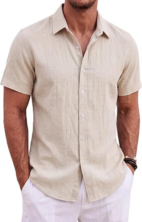 Beninos Mens Short Sleeve Linen Shirt Lightweight Casual Solid Color Summer Button Down Shirt