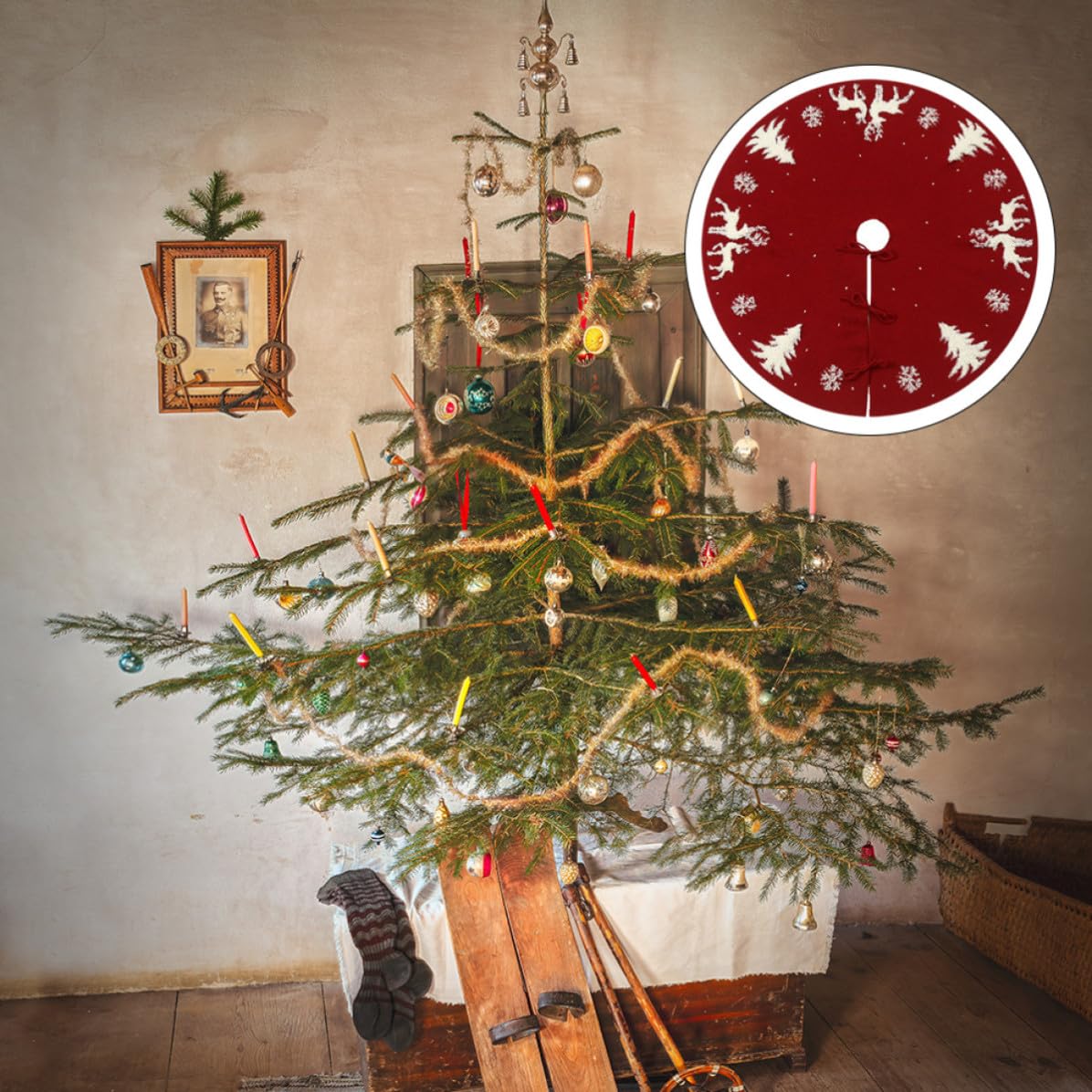 VICASKY Jupe de Sapin de Noël Tricotée en Fibres Acryliques Rouge Motif 3D Renne pour Décoration Festive et Couverture de Base d'arbre à Placer Sapin