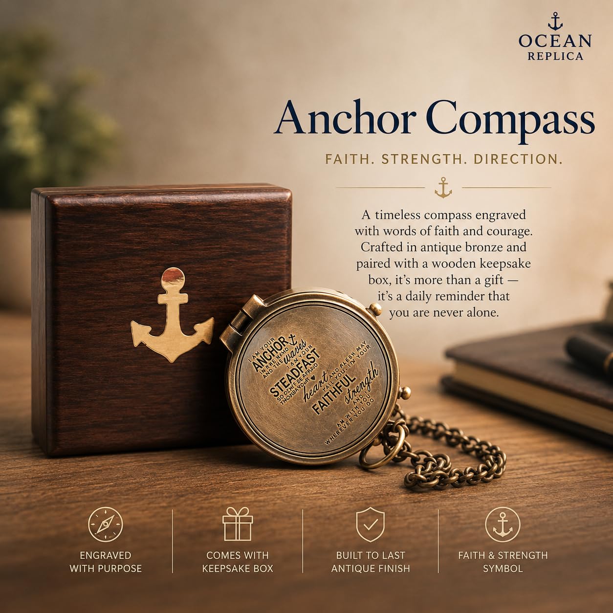 OCEAN REPLICAS Brújula grabada con texto en inglés "I am Your Anchor, Faithful, Strength", ideas de regalo de confirmación, regalos de bautizo.