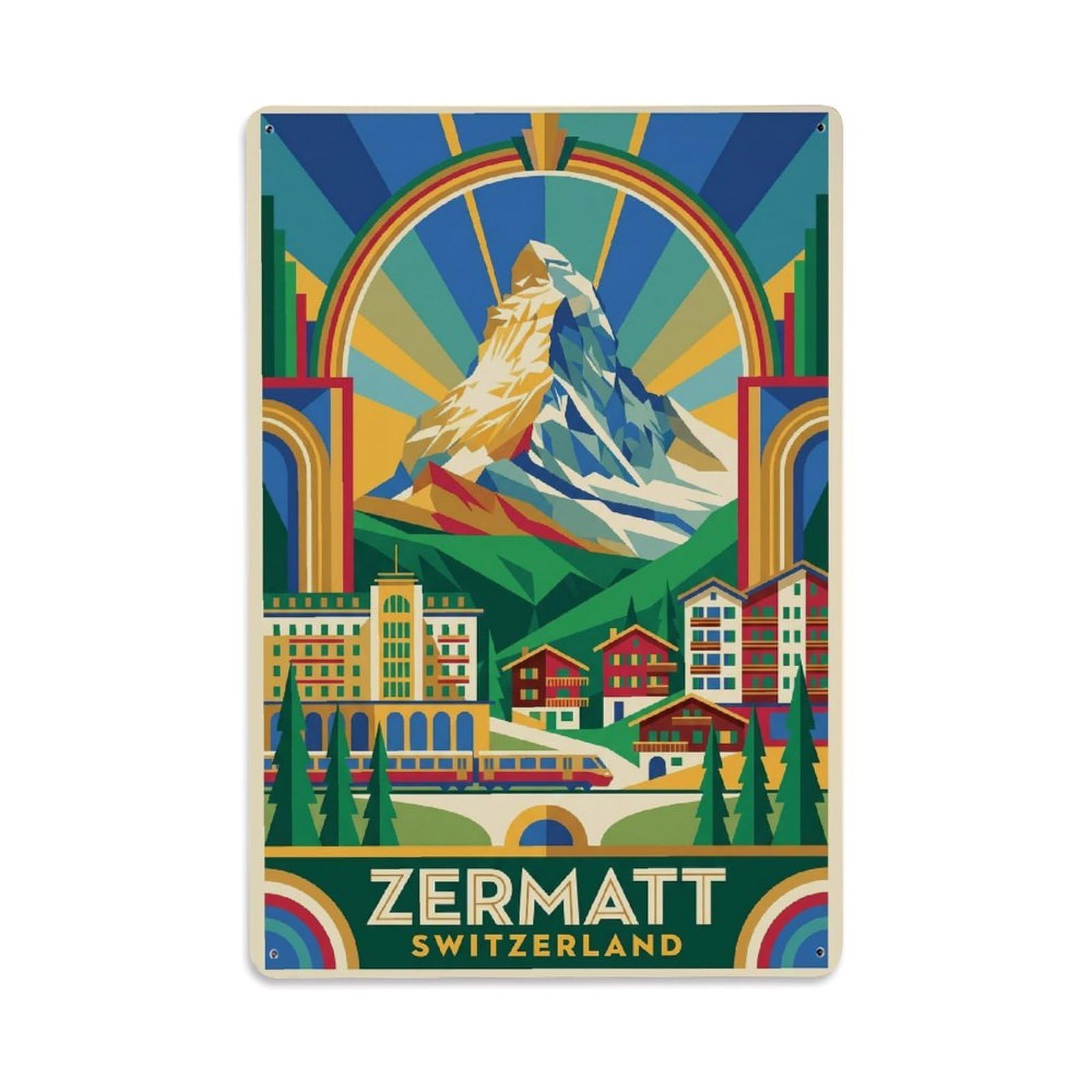 Olhnbad Style Geometric Zermatt Switzerland Alpine Travel Metal Tin Sign