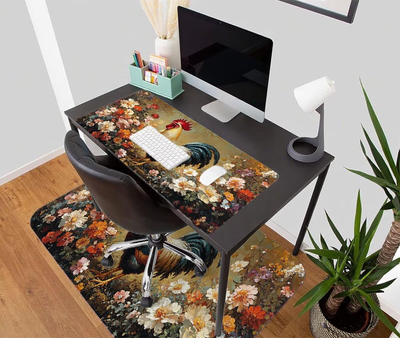 Podkładka pod mysz XXL 1200 x 600 mm duża podkładka pod mysz dla graczy w kwiaty pod ręką biurko szyte krawędzie wodoodporna antypoślizgowa do komputera, laptopa poprawia dokładność i szybkość, Kogut
