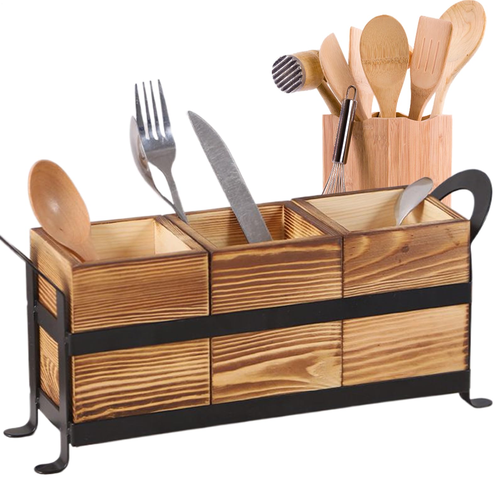 Porte-couverts en bois à 3 compartiments pour table