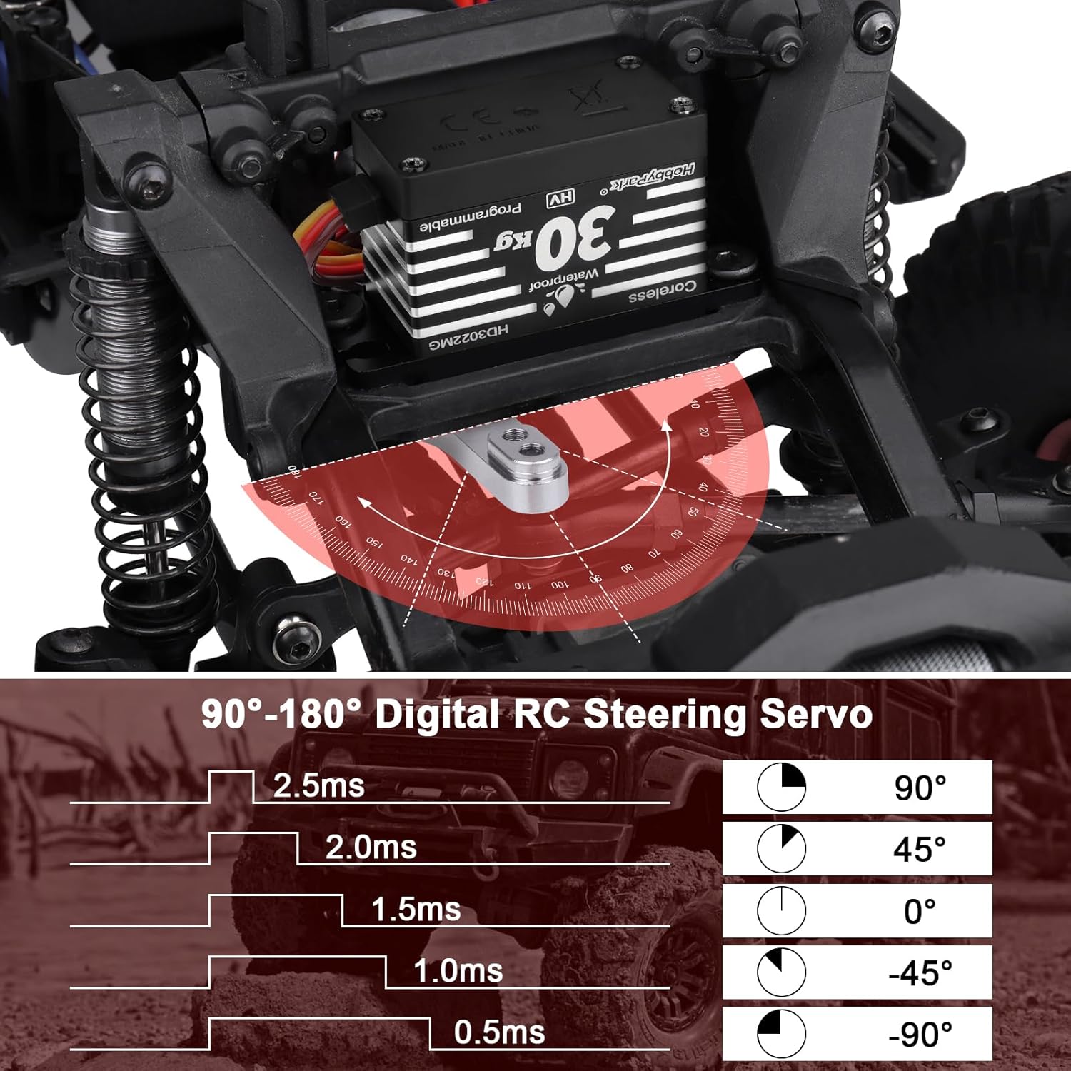 HobbyPark Waterproof High Torque RC Steering Servos 30kg Coreless Motor Standard Size Servo Metal Gears HV 4.8-8.4V for 1/8 1/12 1/10 RC Crawler Car Truck Buggy Programmable Control Angle 180°