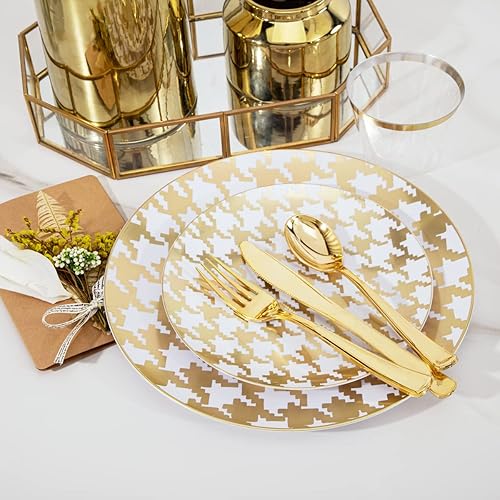 Miniatura 2 de Hioasis 175 platos de plástico blanco y platos desechables dorados y servilletas preenrolladas, cubiertos dorados incluyen 25 platos de cena, 25