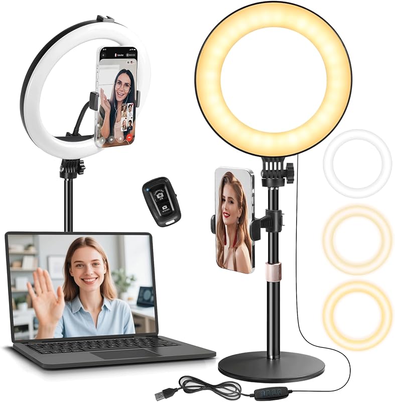10“ Desk Ring Light with Stand, Desktop LED Circle Halo Light with Phone Holder for Computer Zoom Meeting, Laptop Light for Conference Video Calls, Live Streaming, Podcast, Selfie, Makeup