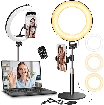MACTREM 10“ Desk Ring Light with Stand, Desktop LED Circle Halo Light with Phone Holder for Computer Zoom Meeting, Laptop Light for Conference Video Calls, Live Streaming, Podcast, Selfie, Makeup
