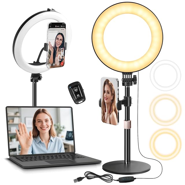 Mactrem MACTREM 10“ Desk Ring Light with Stand, Desktop LED Circle Halo Light with Phone Holder for Computer Zoom Meeting, Laptop Light for Conference Video Calls, Live Streaming, Podcast, Selfie, Makeup