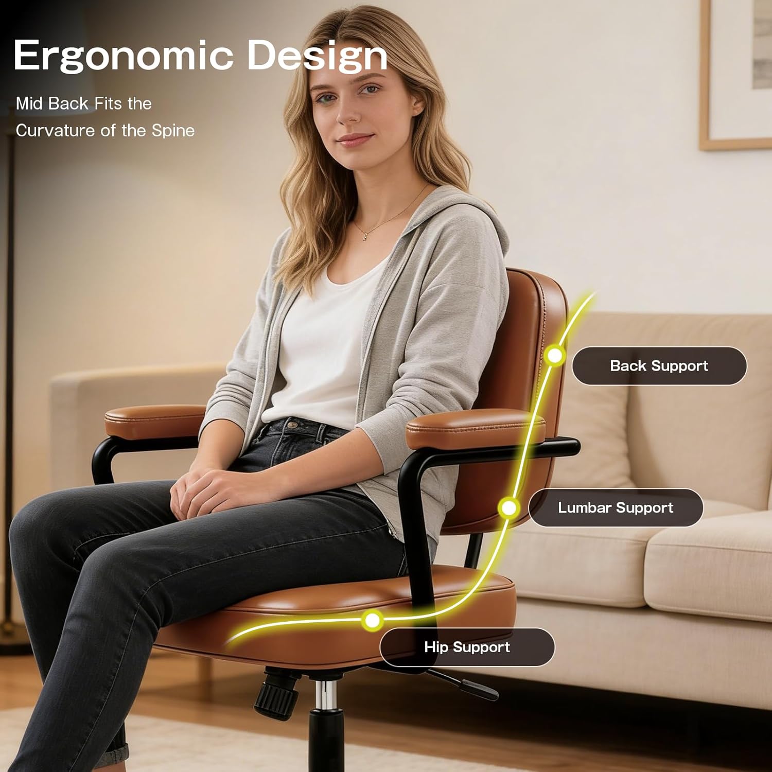 Home Office Chair, Ergonomic Desk Chair with Lumbar Support, Adjustable Height Rolling Swivel Task Chair with Armrests, PU Leather, for Meeting,Study Room （Brown）