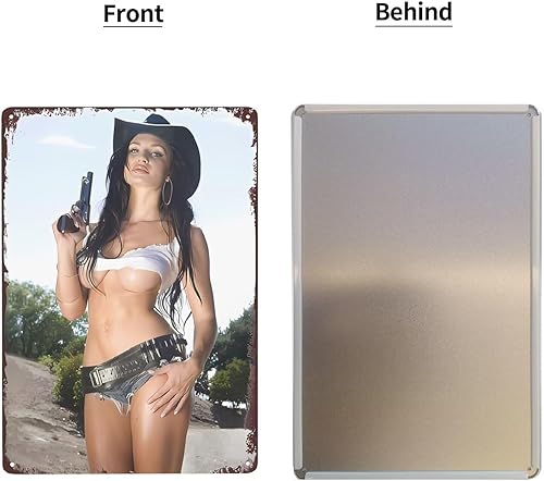 Miniatura 4 de Póster de metal con diseño retro retro de chica vaquera con pistola, decoración artística de pared para bar, pub, hombre, cueva, garaje, 12 x 8