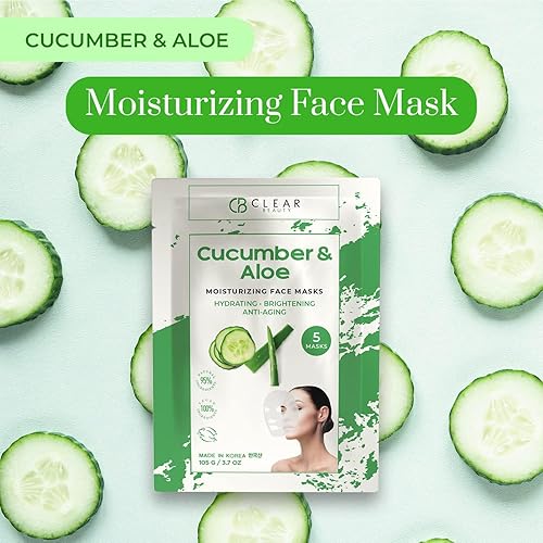 Miniatura 7 de Clear Beauty Mascarilla facial de hoja de pepino y aloe, alivia la piel irritada, reduce las arrugas y las líneas finas, ilumina e hidrata, cuidado