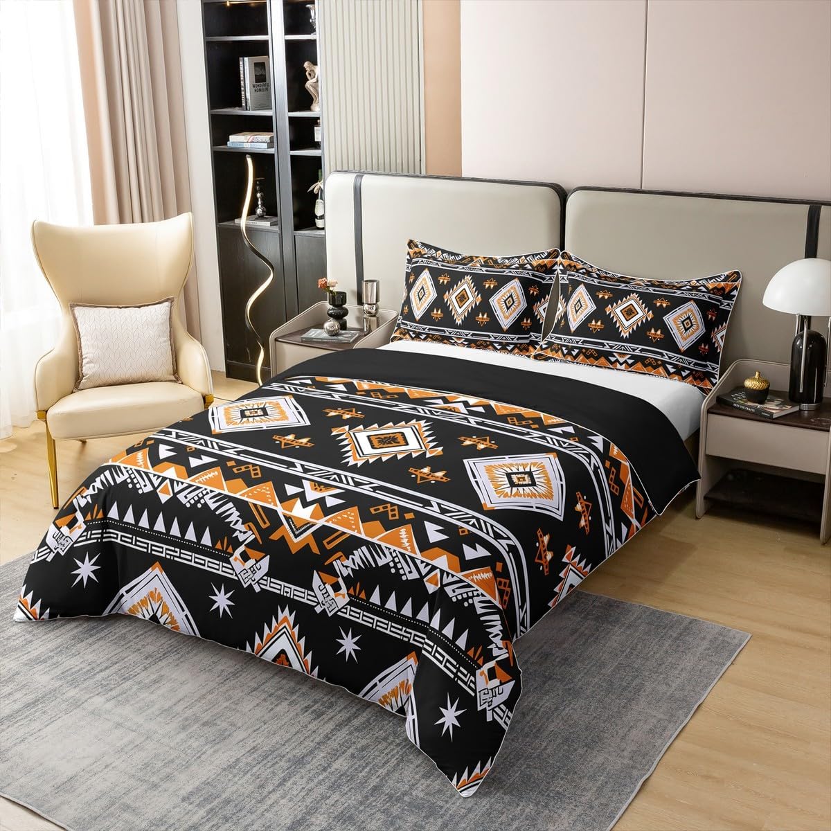 100% Natural Cotton Southwestern Aztec King Duvet Cover,Ethnic Bohemian Comforter Cover,Western Tribe Bedding Set For Kids Teens Adult,Black White Orange Quilt Cover,Vintage Exotic Bedspread Cover - Image 3