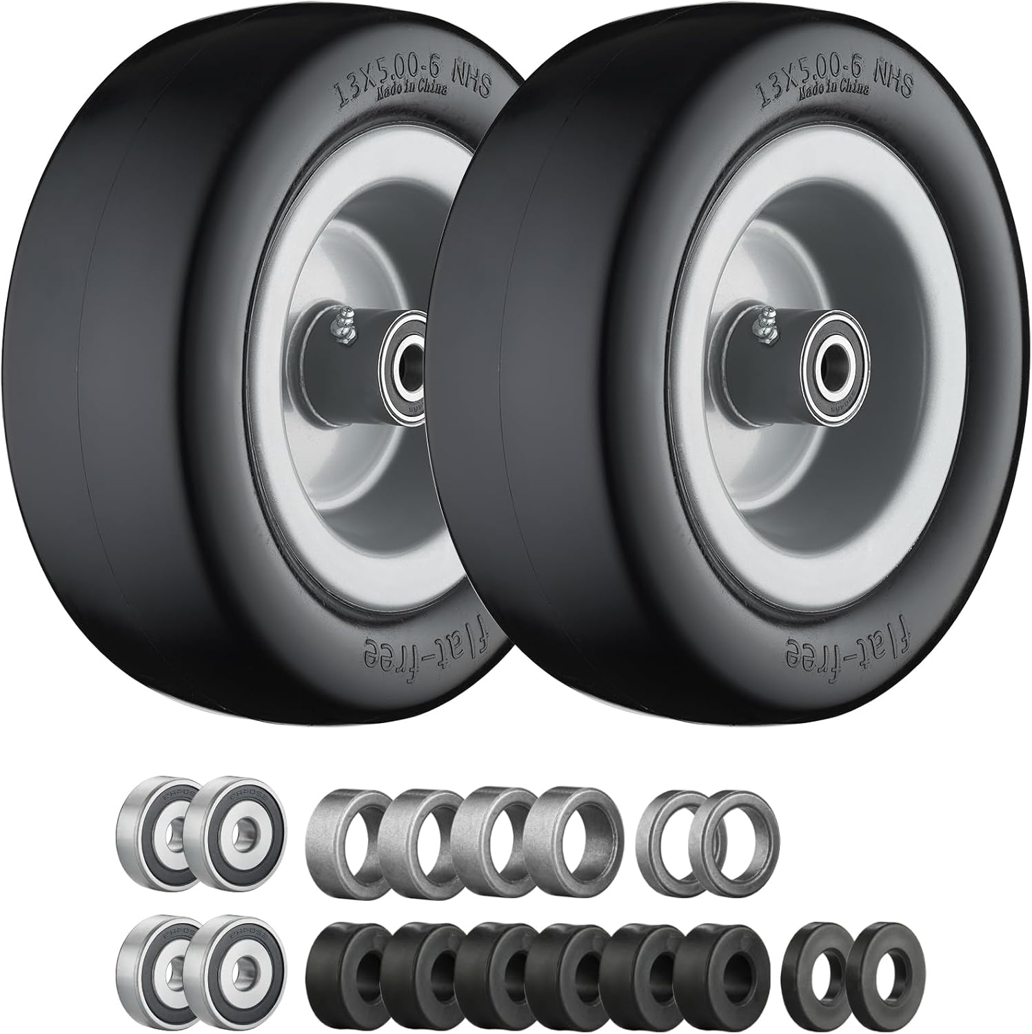 11x6.00-5 Flat Free Tire with Chevron Tread, Zero Turn Lawn Mower Tires with 3/4" or 5/8" and 1/2" Bearings, 5.2"-8.3" Centered Hub,11x6.00-5 Tires for Zero Turn Mower Gray Rim - 2Pack
