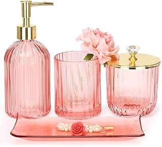 Bathroom Accessories Set, 4 Pcs Glass Bathroom Accessories Sets Complete w/Lotion Soap Dispenser, Toothbrush Holder, Apothecary Jar, Vanity Tray, Modern Bathroom Decor, Gift for Home Apartment- Pink