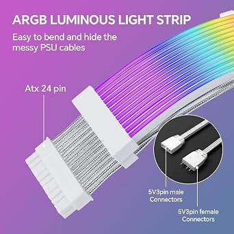 24 Pin RGB PSU Cable ARGB Motherboard Power Extension | Features flexible four sides lighting strips to illuminate your custom gaming desktop computer build