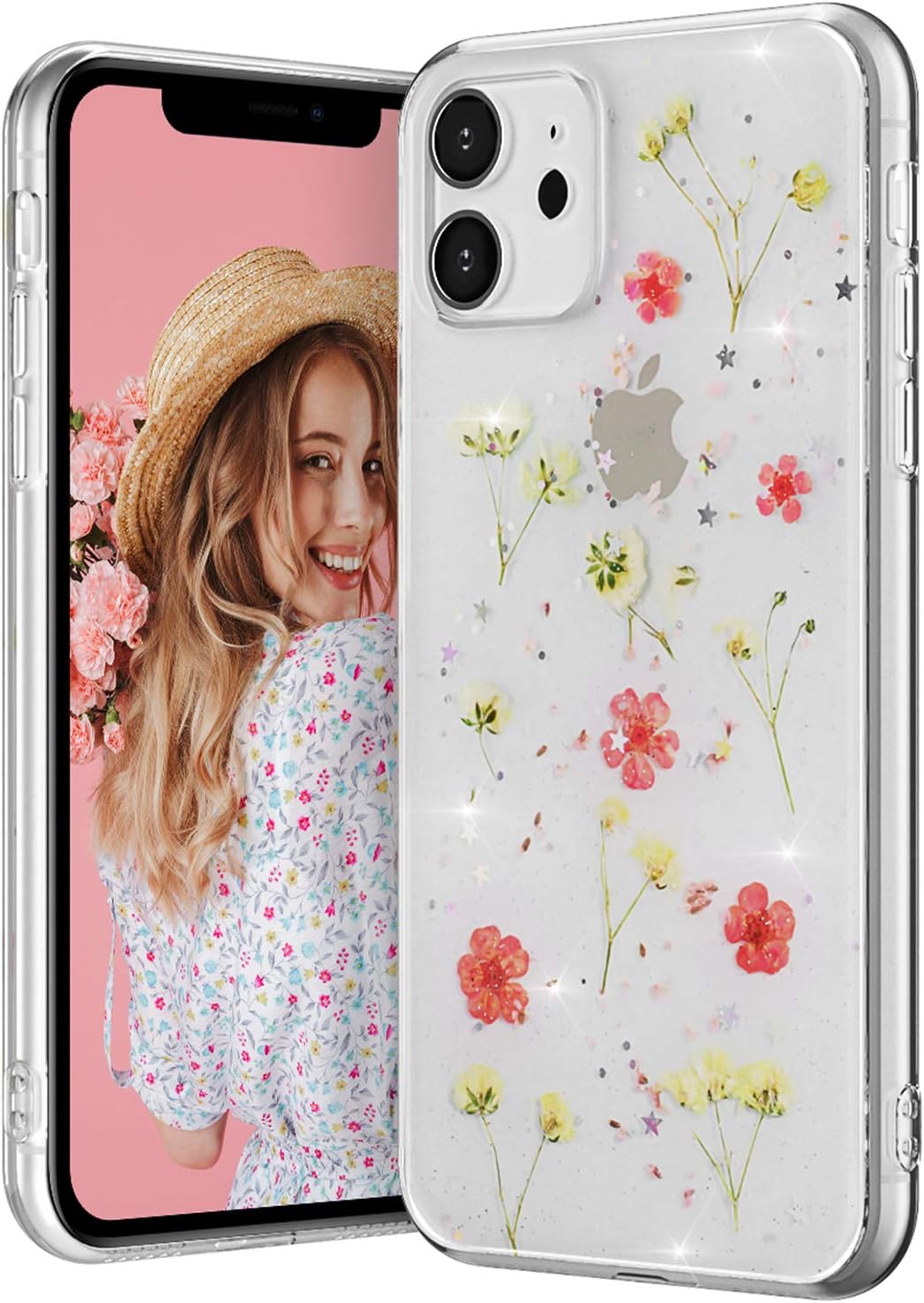 EYZUTAK Dried Flower Case for iPhone 11 6.1 inch, Bling Glitter Sequin Shockproof Clear Floral Pattern Silicone Gel Back Cover Protective Case - Pink-1