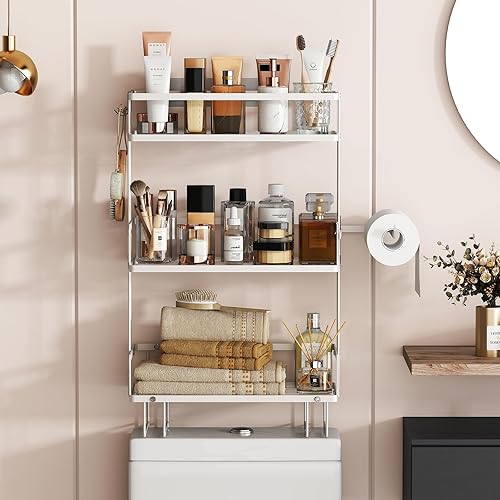 Miniatura 3 de Organizadores y almacenamiento de baño Godboat, almacenamiento de 3 niveles sobre el inodoro, estante de pared con porta papel y 2 ganchos,