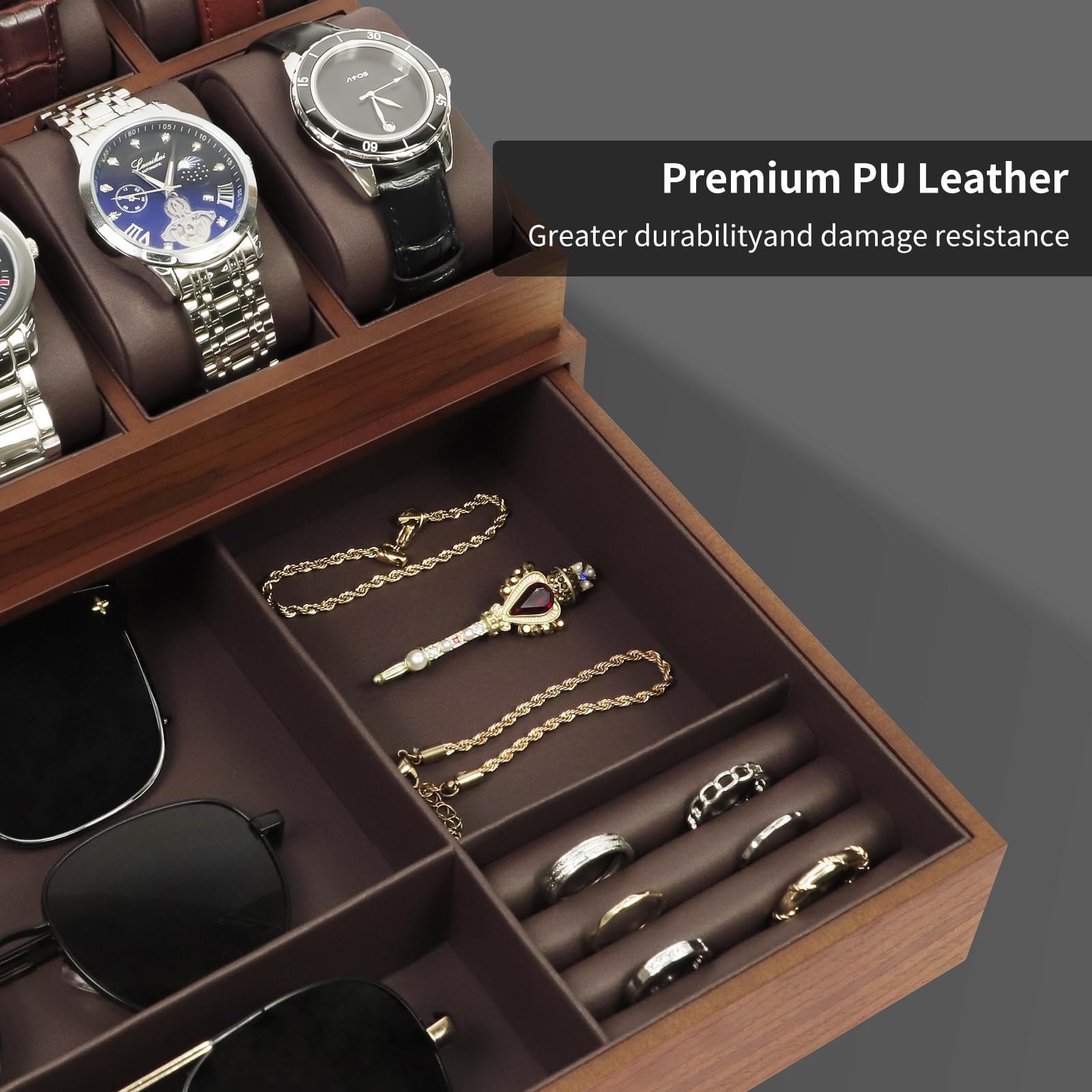 KAMIER Uhrenbox 10 Uhren für Herren, Holz Uhren Box mit Schmuckkasten, 2 Stöckige Uhrenaufbewahrungsbox mit Schublade für Ringe, Sonnenbrillen, Elegantes Geschenk für Männer und Frauen– Walnuss