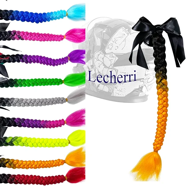 Lecherri Girls Braids Ponytail Extension with Suction Cup for Helmet 1PC Helmet Accessories Helmet Hair with Bowknot Helmet Pigtails for Motorcycle Bicycle Ski Helmet 22inch(Helmet Not Included)