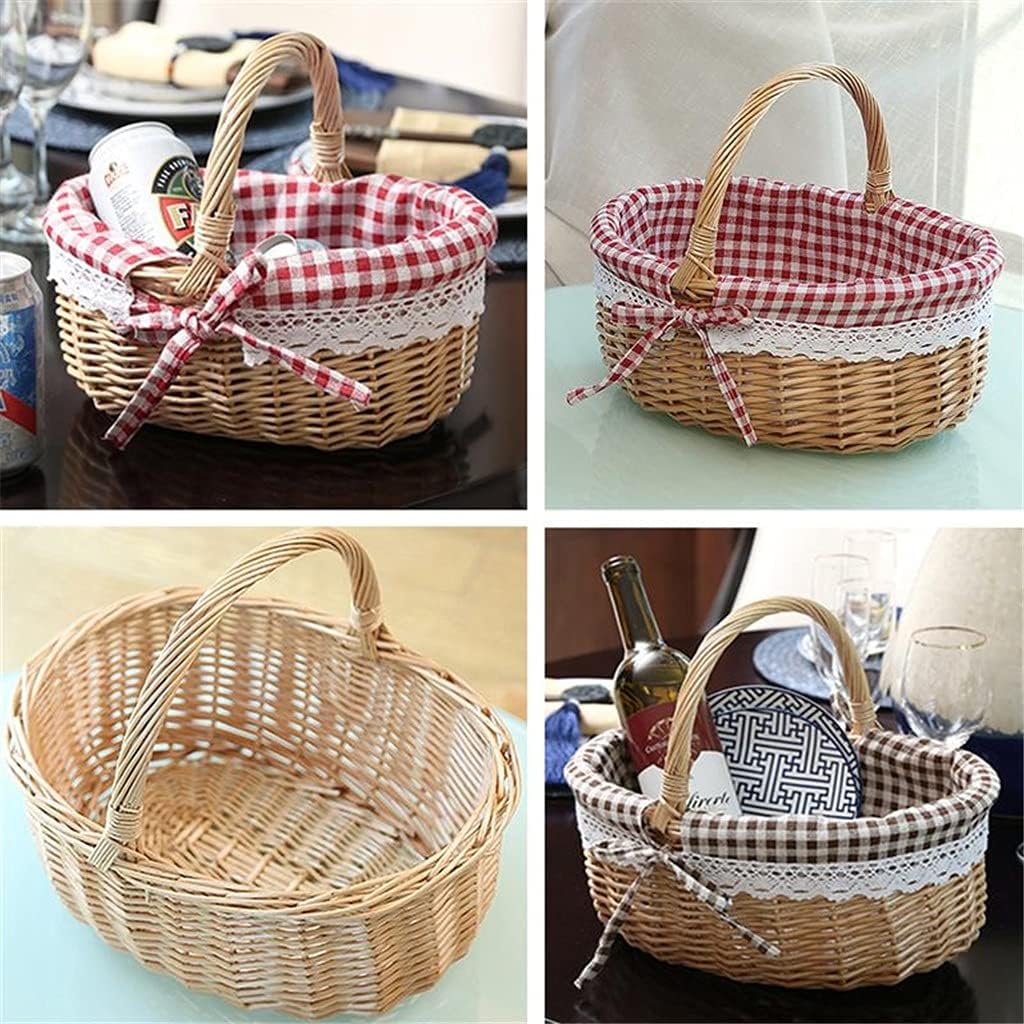 Hand Woven Picnic Bag Gift Basket Wicker Storage Basket Linen Inner Basket for Storage Use Size M (Color : Red, Size : Mcode)