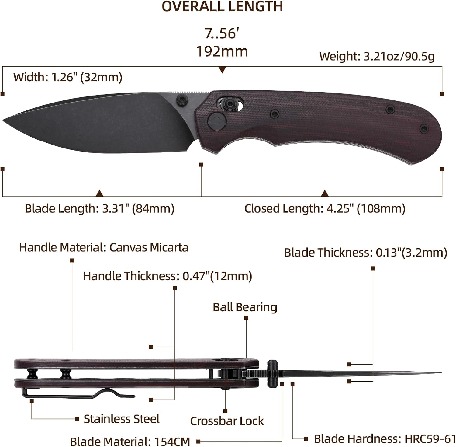 Folding Pocket Knife, 3.31'' 154CM Blade EDC Knife, Erogonomic Canvas Micarta Handle, Pocket Knives for Men, Hunting, Hiking, Survival Knives (Red)