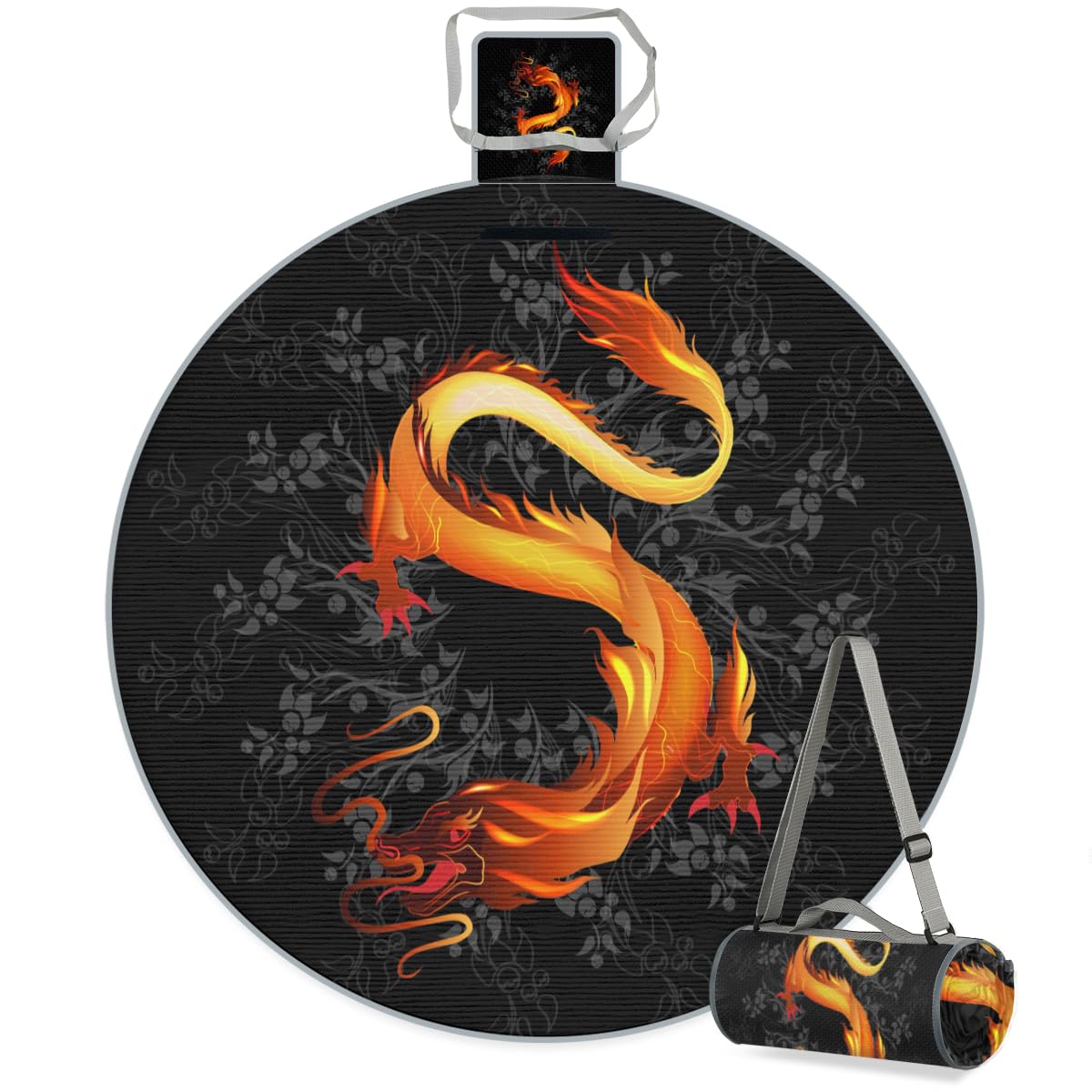 Shimoshe Golden Dragon Picnic Outdoor Blanket Foldable Waterproof Sandproof Beach Blanket Portable Water-Resistant Round Picnic Mat for Travel Camping Park Lawn
