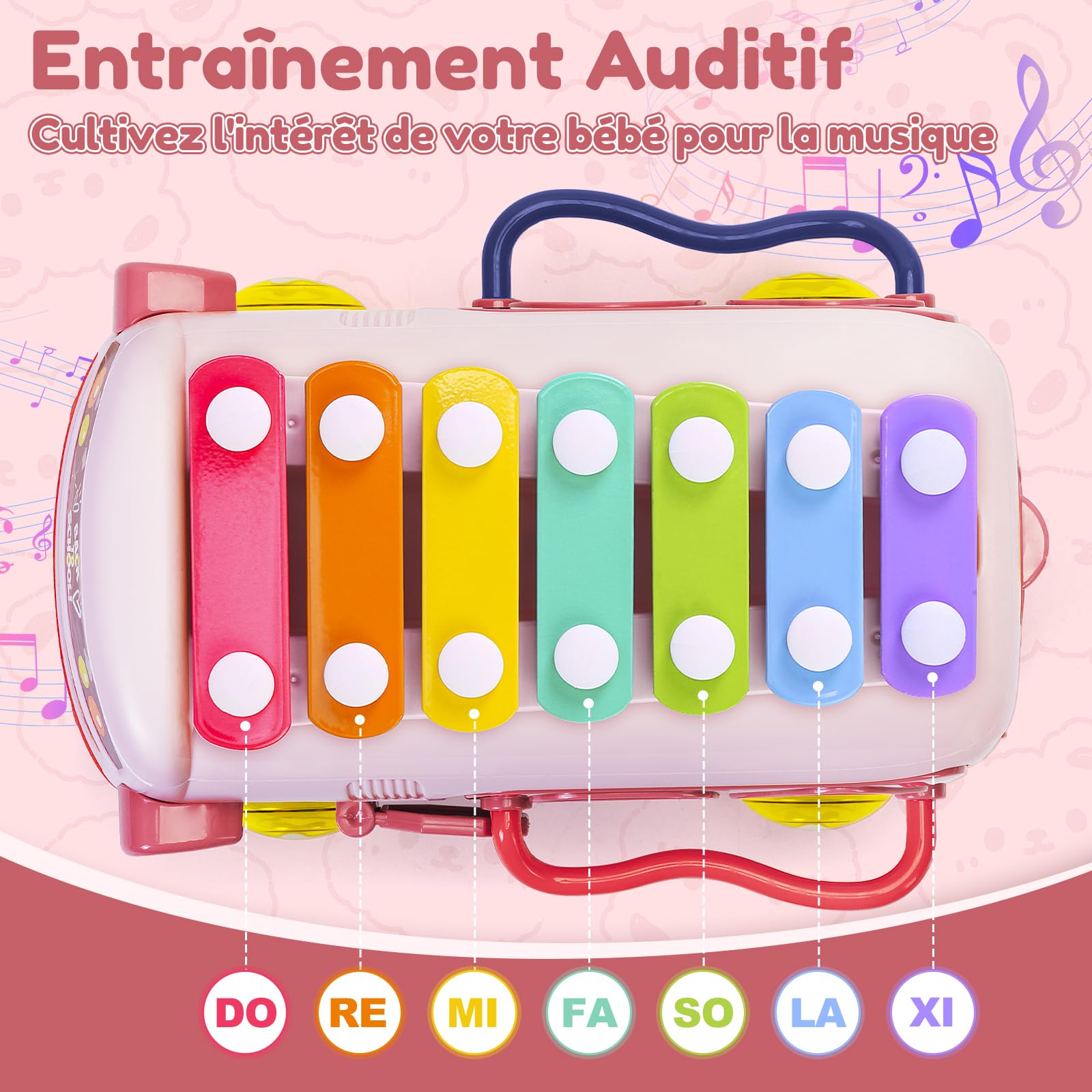 Jouet Fille 1 an, Jouets Bebe 12 à 18 Mois Bus Musicaux Sensoriel avec Xylophone, Trieur de Formes Jouet éducatif précoce, Cadeaux pour Les Enfant 12 Mois+ Rose