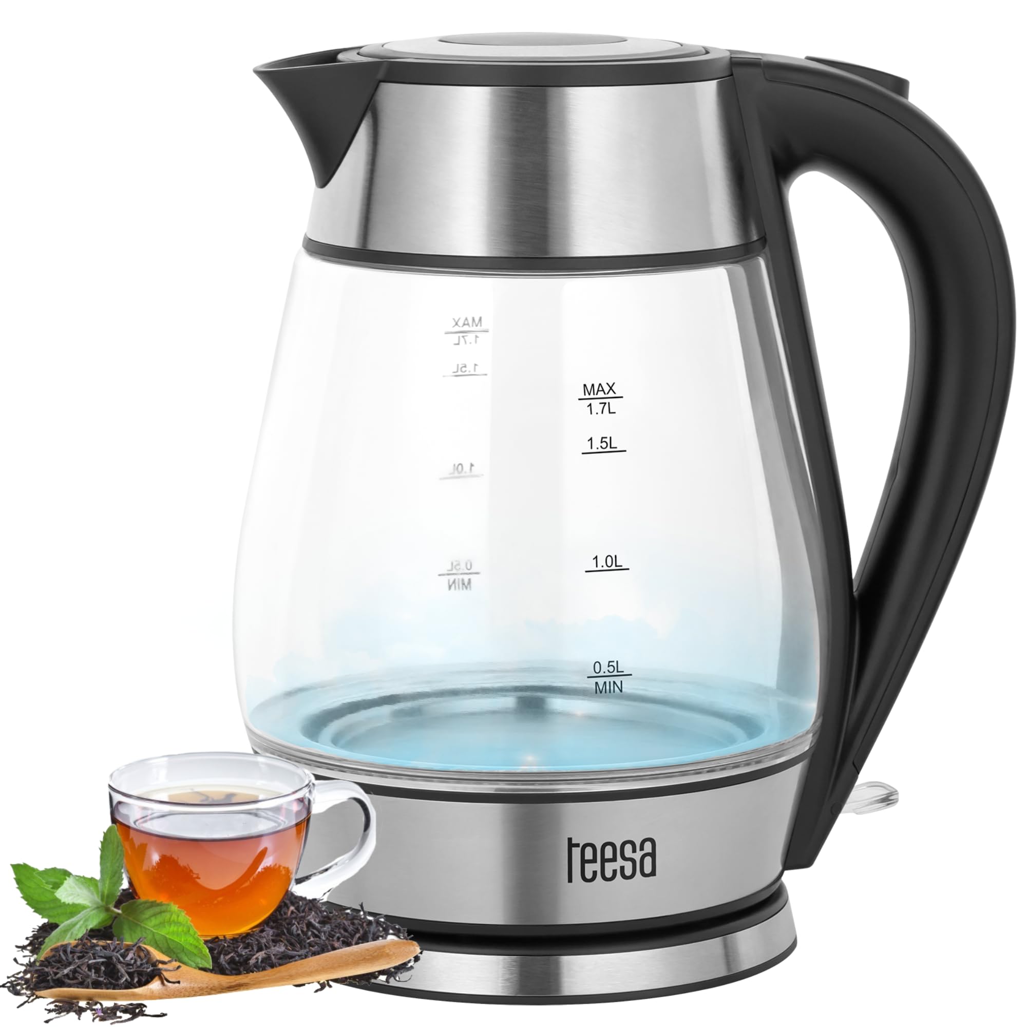 Teesa kabelloser Wasserkocher TSA1512B 1,7 l, Glas, im Betrieb beleuchtet, schwarz