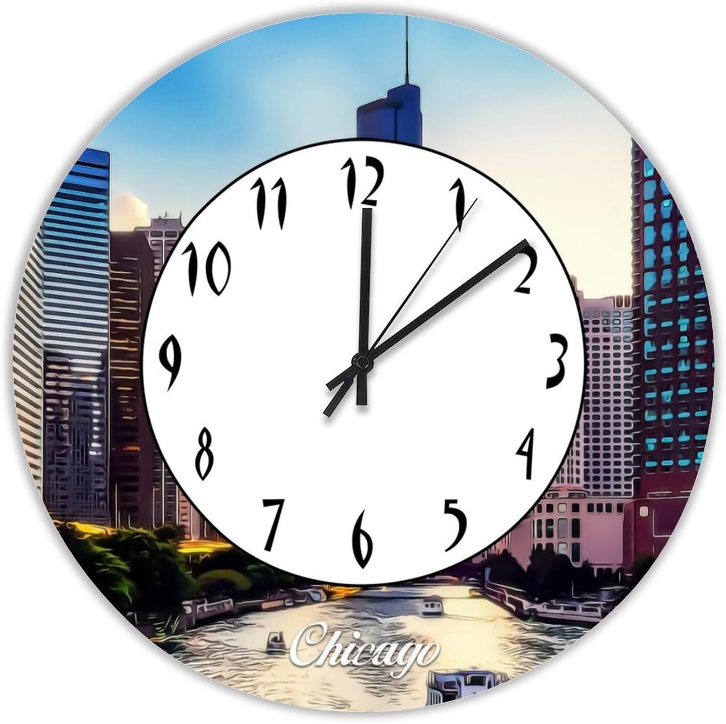 Chicago Decorative Wood Wall Clock for Kitchen Dining Room Home Decoration Chicago City Skyline Landscape Silent Non-Ticking Battery Operated Hanging Wooden Clock 15 Inch