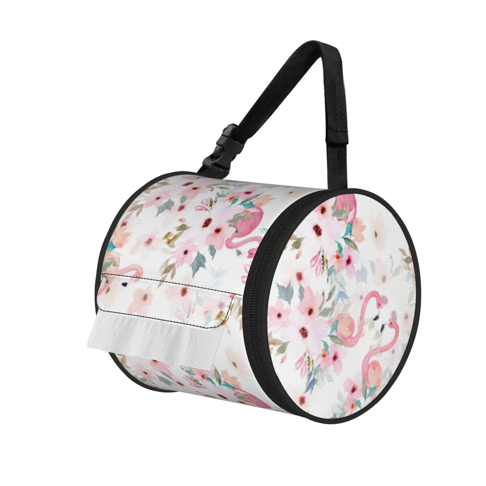 Floral With Flamingo Print Cylinder Tissue Holder Bag With Strap, Portable Roll Dispenser Case For Car Rv Camping