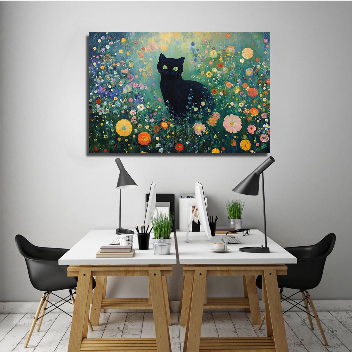 Via Vela Gustav Klimt Impressionist Leinwand Wandkunst Schwarze Katze Blumengarten Wandbild Wildblumenwiese Kunstdruck Bild für Badezimmer Wohnzimmer Apartment Dekor 40x60cm