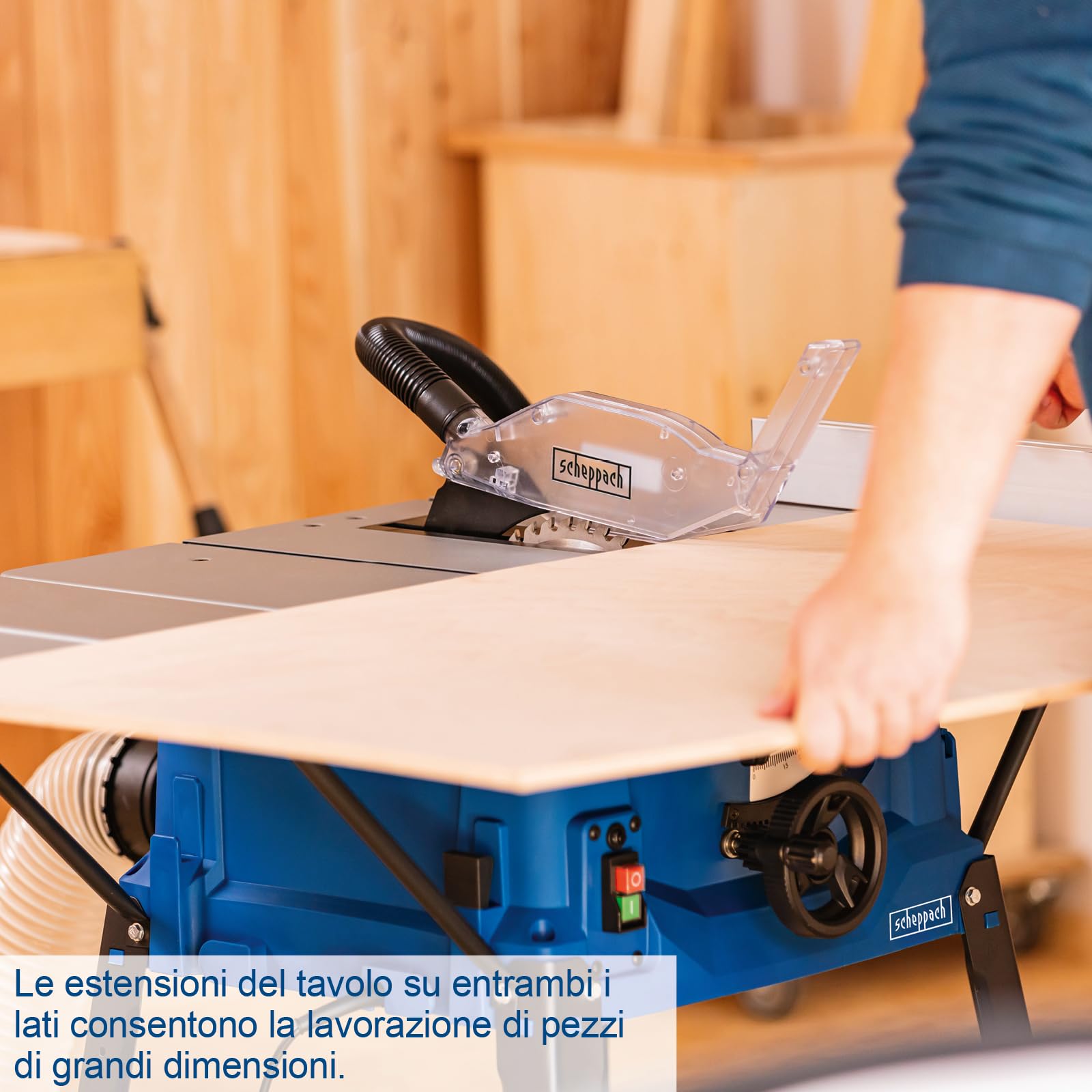 Sega circolare da banco Scheppach HS100S | 230V – 2000W | Altezza di taglio 85mm | Inclusi ampliamenti del tavolo e supporto | Dimensioni del tavolo con ampliamento 642x940mm | Inclusa seconda lama