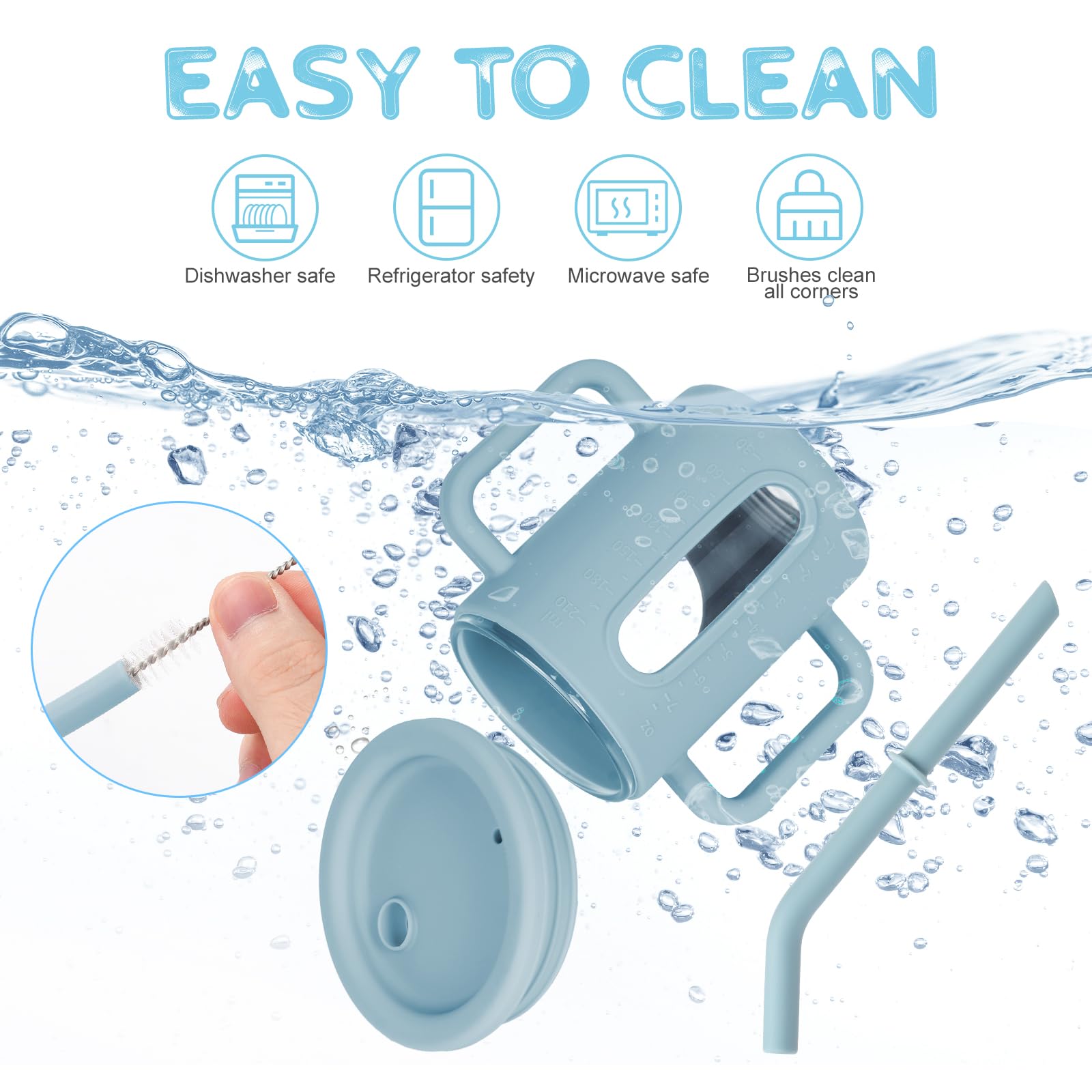 HOTUT Bicchiere per Bambini in Silicone, Tazza per Bambini in Silicone con Coperchio in Cannuccia, 210ml Tazza da Allenamento per Bambini, 100% Silicone per Uso Alimentare, con Spazzola per Pulizia