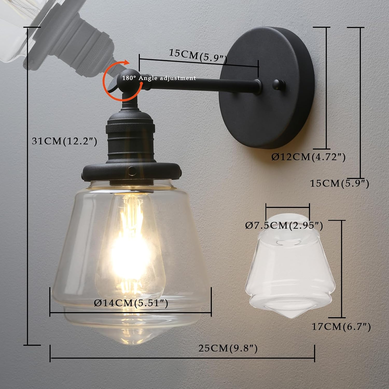 Phansthy Wall Sconces Light Fixture Industrial Wall Lamp, 180 Degree Adjustable Bathroom Vanity Light, Wall Light with Glass Shade Wall Decorative Lighting for Kitchen Living Room Hallway (Black)