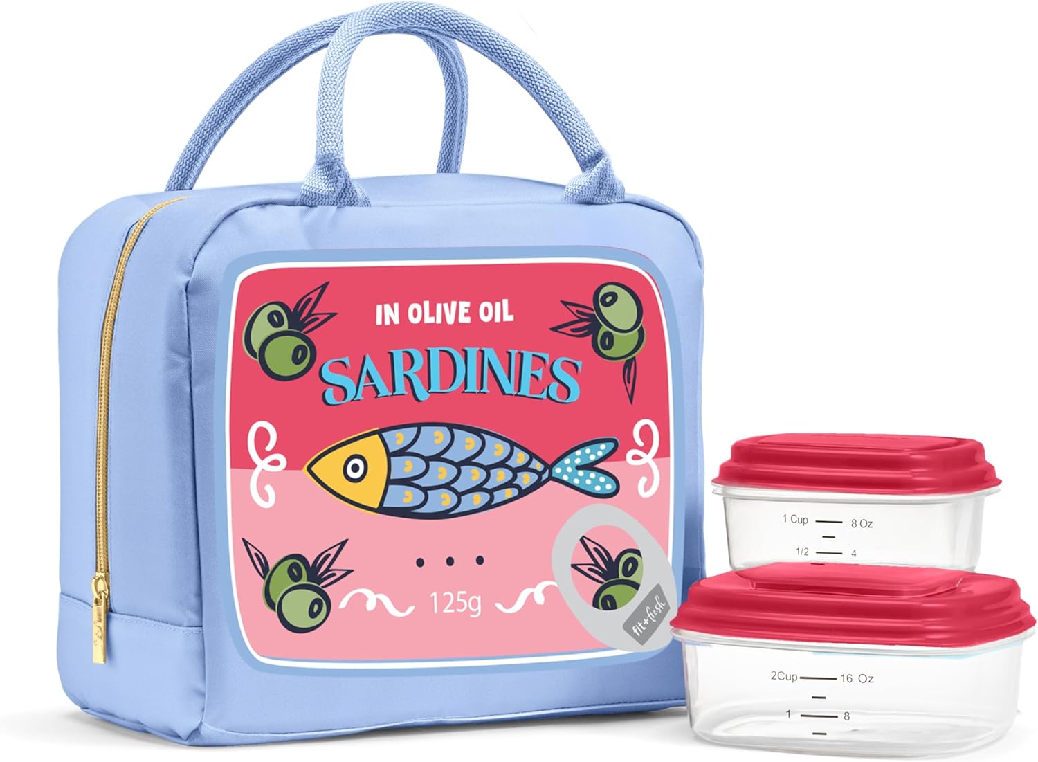 Fit & Fresh Bloomington Lunch Bag for Women - Insulated Large Lunch Box for Work with Containers, Leak-Resistant, Stain-Resistant, Zipper Closure, Rose Sardines