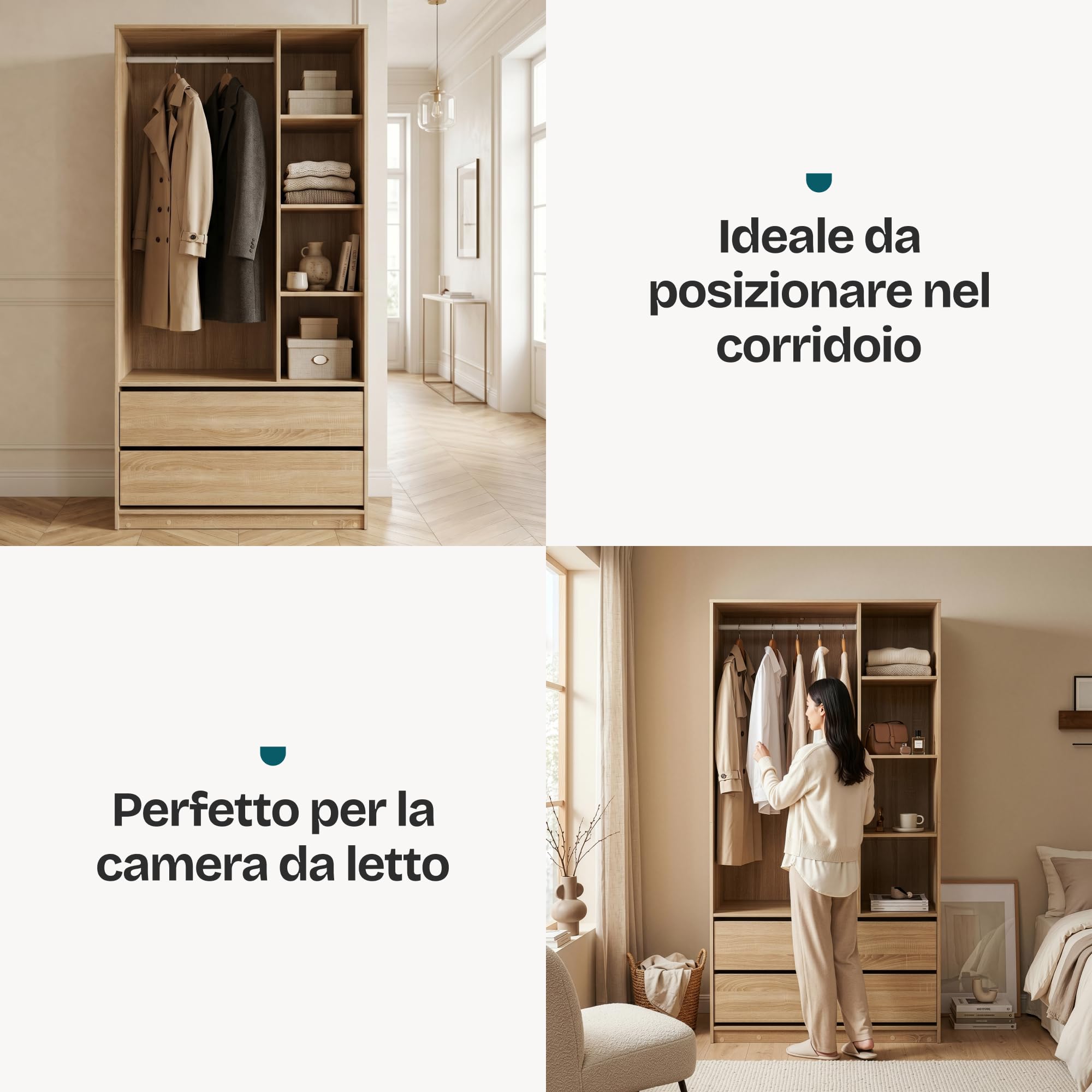 [en.casa] Armadio Aperto con Asta Barra Vano Appendiabiti Guradaroba con 7 Scomparti Aperti e 2 Cassetti per Soggiorno Camera da Letto Cameretta 200 x 100 x 50 cm - Effetto Rovere