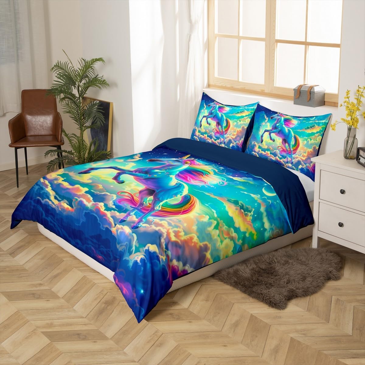 Fantasy Unicorn Duvet Cover Set Toddler Size,Princess Rainbow Unicorn Fairy Tale Bedding Set,Starry Moon Clouds Sky Dreamy Quilt Cover for Kids,Colorful Comforter Cover(No Filler),2 Pcs