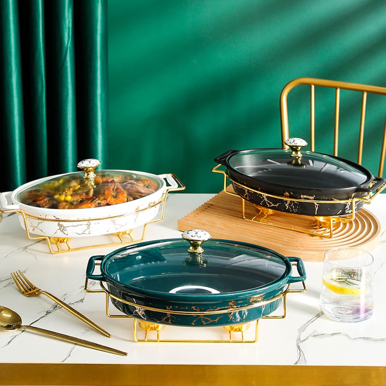 Chafing Dish Buffet Set, Chafer de cerámica con acabado de mármol de imitación, Chafer y Buffet Warmer Set para bodas buffet, fiestas, banquetes, eventos de catering (white,M)